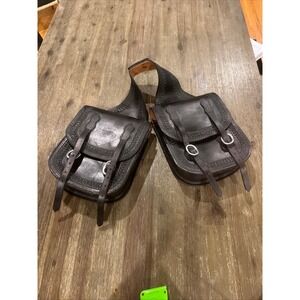 Vintage Western Tooled Leather Saddle Bags Dark Brown Horse Tack Basketweave